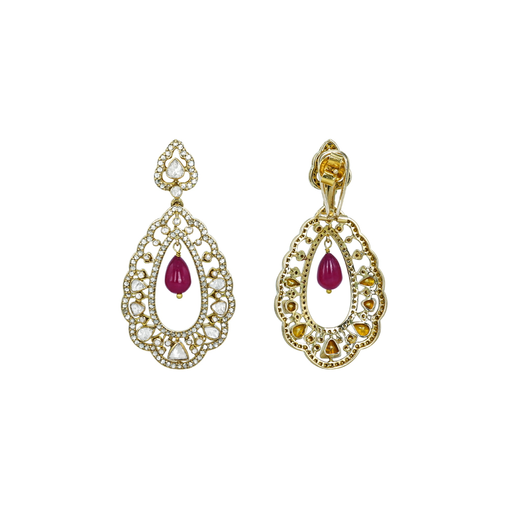 Polki Chandelier Diamond Earrings with Ruby Drop